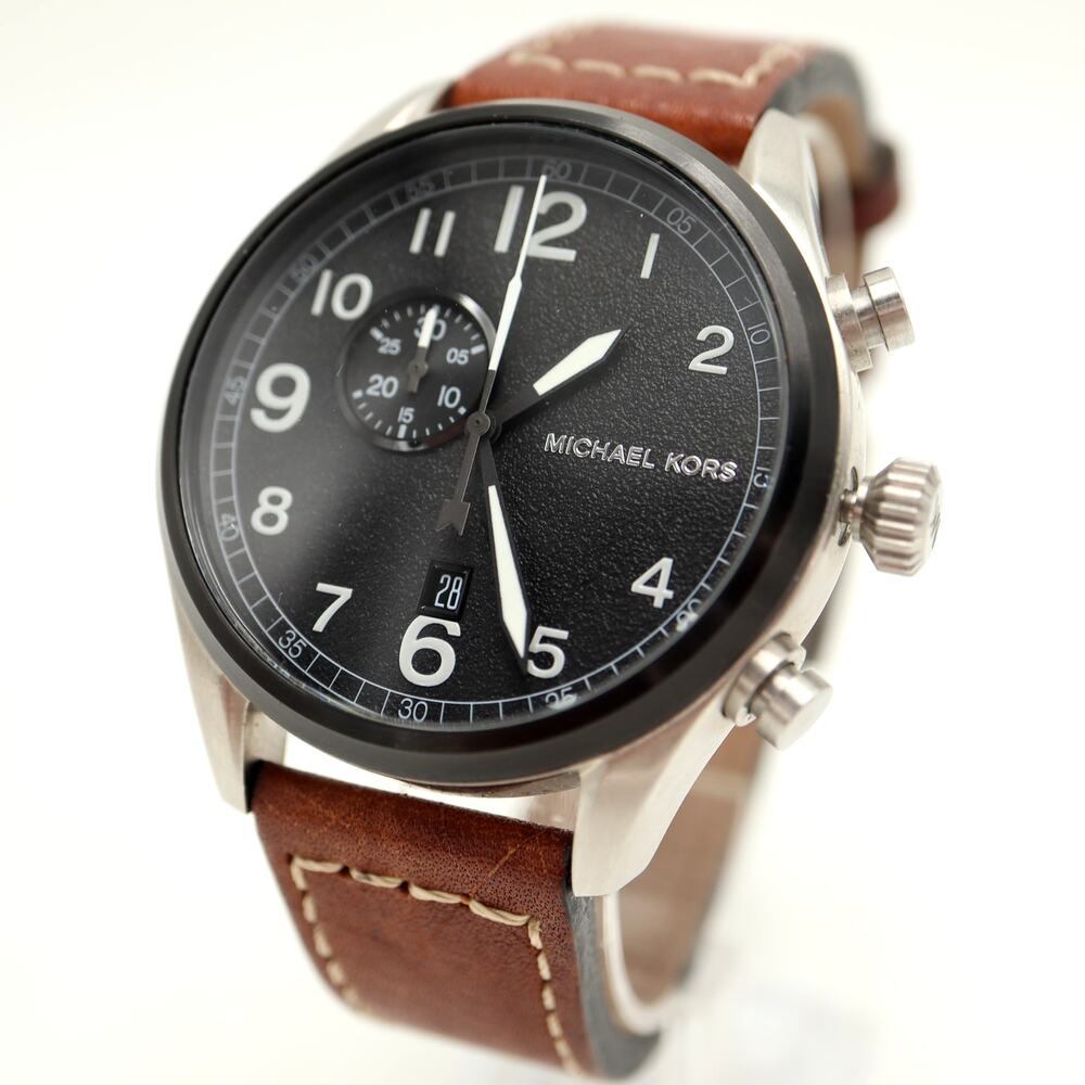 Michael Kors Hangar Mens 45mm Chronograph Watch Brown Leather MK7068 New Battery
